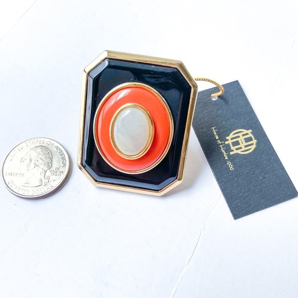 HOUSE OF HARLOW 1960 Coral & Black Art Deco Statement Ring - Picture 9 of 9
